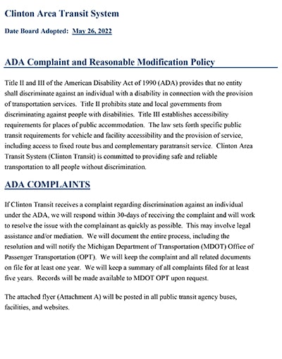 ADA Complaint and Reasonable Modification Policy
